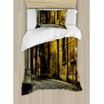 thumbnail image 1 of Street Decor Twin Size Duvet Cover Set, Old Ancient Empty Dark City Streets Avenues with Big Light and Homes Photo, Decorative 2 Piece Bedding Set with 1 Pillow Sham, Multicolor, by Ambesonne, 1 of 3
