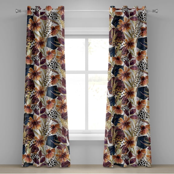 Ambesonne Floral Grommet Curtain, Wild Flowers Hexagon Forms, 50"x72", Plum Orange and Dark Blue