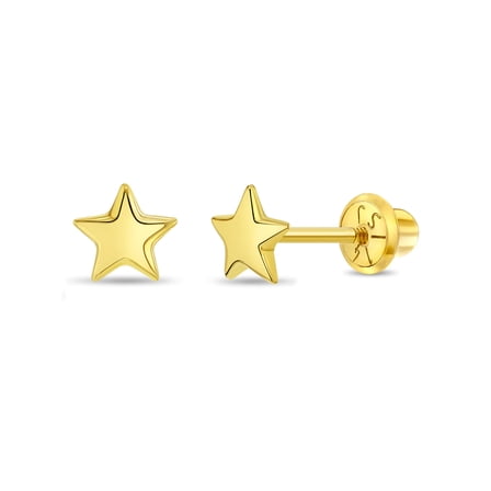 Puffed Star Toddler / Kids / Girls Earrings Safety Screw Back - 14k Gold