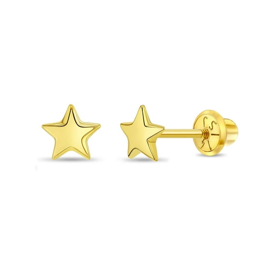 Puffed Star Toddler / Kids / Girls Earrings Safety Screw Back - 14k Gold
