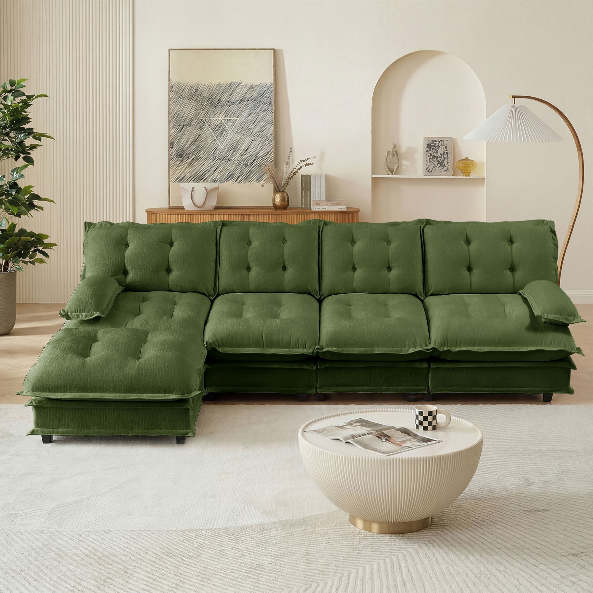 MAYEERTY 138 Inch L-Shaped Sectional Sofa with Ottoman, 4-Seater Deep Seat Modular Couch for Living Room Bedroom Apartment