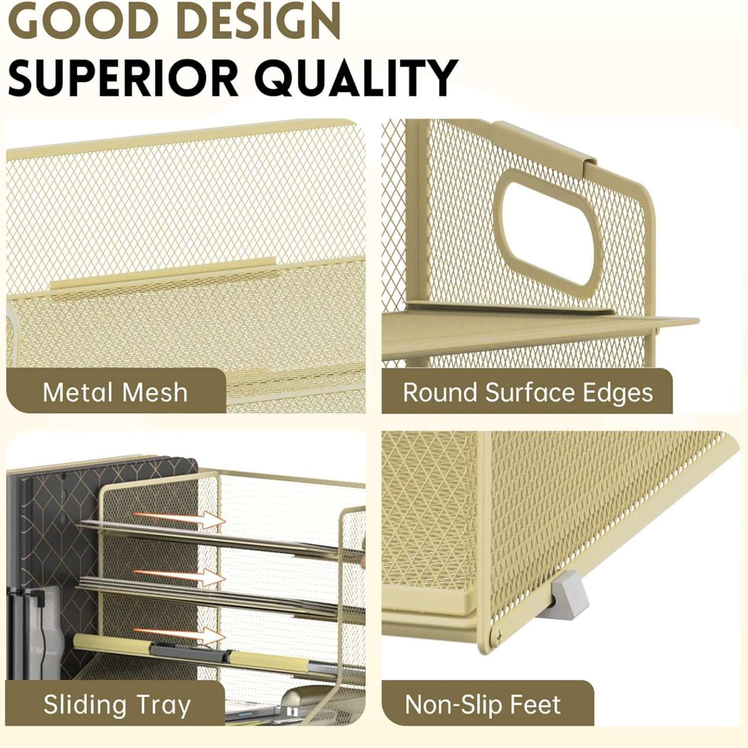 INTIGE 5-Tier Metal Mesh Desktop Organizer with File Holder, Drawer and Pen Holder, Paper Organizer, Yellow, 1 Pack