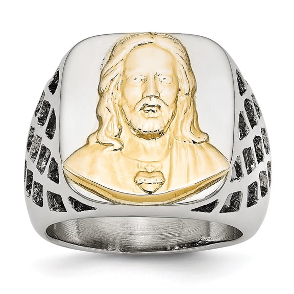 White Stainless Steel Ring Band Themed with Sterling Silver Jesus Yellow IP-plated Polished