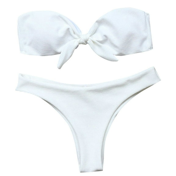 Swimsuit Women Tummy Control Solid Bow Tie High Cut Bandeau Bikini Set Two Piece Swimwear