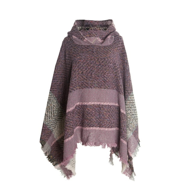Offres du Vendredi 50 % de Réduction! Xysaqa Poncho à Capuche pour Femmes Chandail en Tricot Style Rétro Vintage Châle Élégant avec Ourlet à Franges Violet
