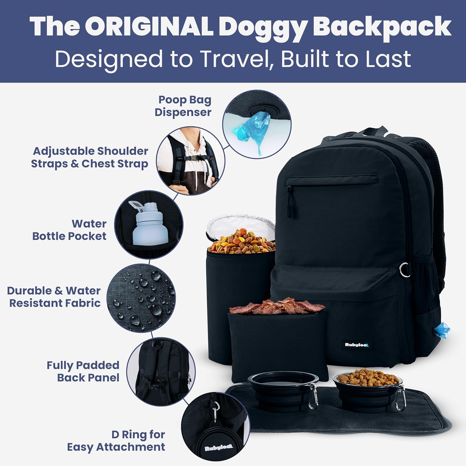 Dog Travel Bag for Supplies - Backpack with 2 Collapsible Dog Bowls, Food Bag, Treat Pouch: Black