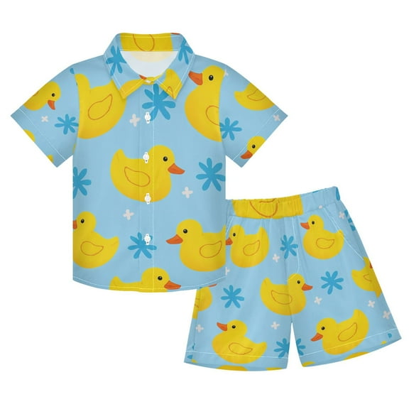 joogoo Boy Shorts Set Cartoon Ducks Blue 2 Piece Short Sleeve Button Down Hawaiian Shirt Shorts 5-6T