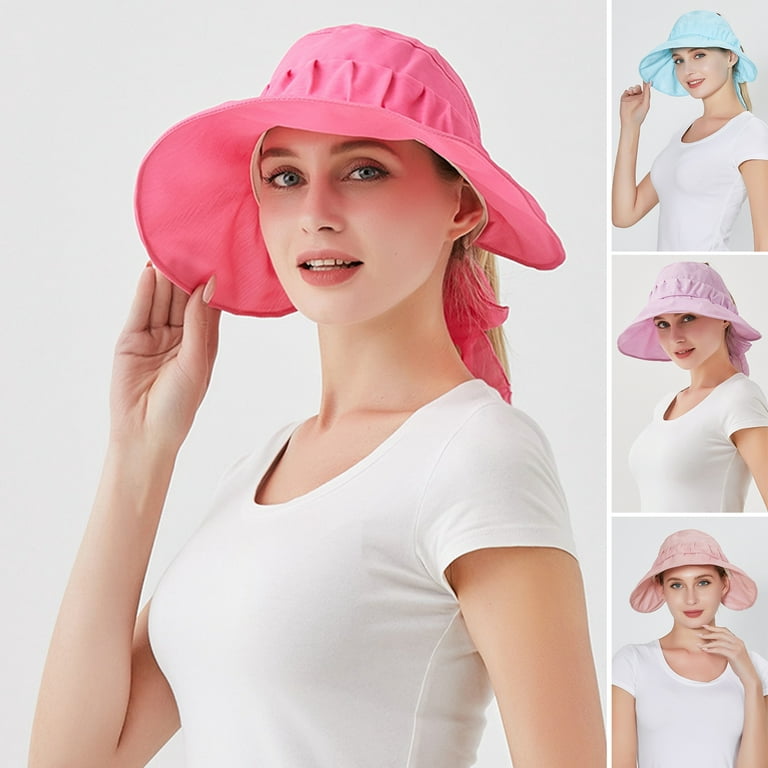 UDIYO Sun Visor Hat Large Brim Solid Color Pleated Folding Packable Anti-UV  Back Bowknot Ribbon Breathable Women Beach Visor Hat for Daily Life 