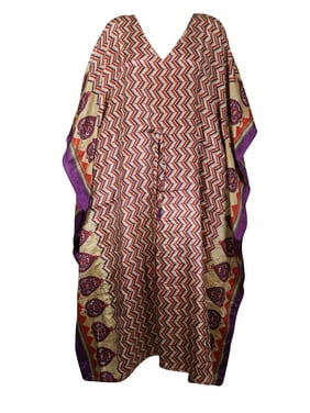 Mogul Women Recycle Silk Maxi Kaftan, Luxurious Caftan dress, Purple Beige Printed Oversized Boho DRESS, Maternity Dresses 2XL