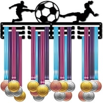 Football Player Medal Display Holder Soccer Metal Medal Hanger Sports 3 Rung Badge Display Case Holder Rack Wall Mount Frame Gifts for boys Running Gymnastics Over 60 Medals