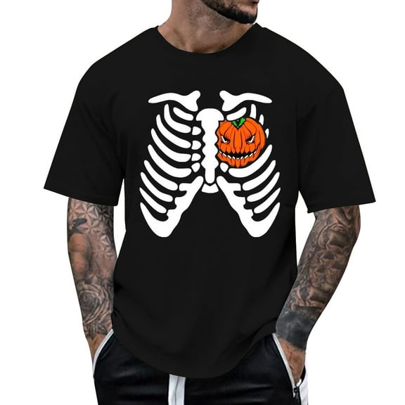 Mens T Shirts White Bone Pumpkin Heart Print Novelty Halloween Short Sleeve Crew Neck Tops Casual Loose Shirts For Men Black L