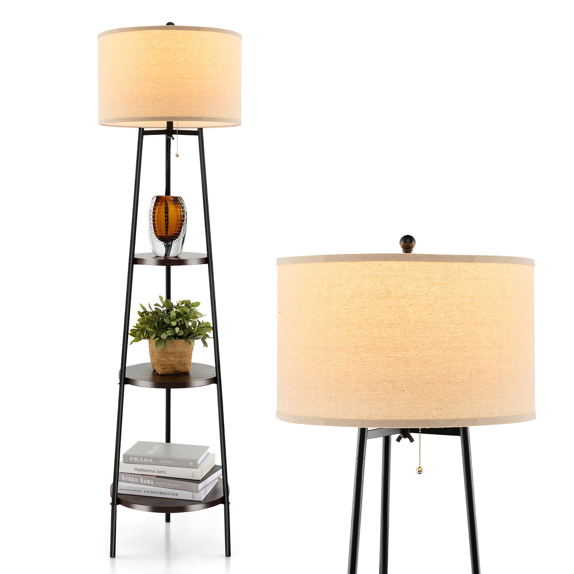 Gymax Shelf Floor Lamp w/ Shelves & Linen Lampshade for Living Room ...