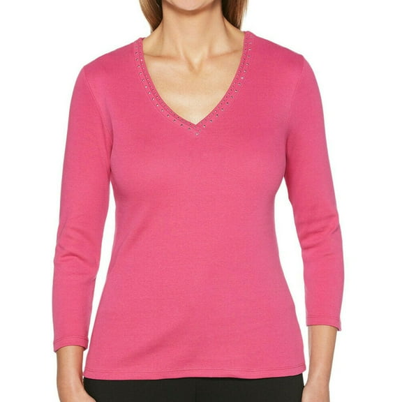 Rafaella Womens Size X-Large Embellished Bling V-Neck 3/4 Sleeve Top, Very Berry