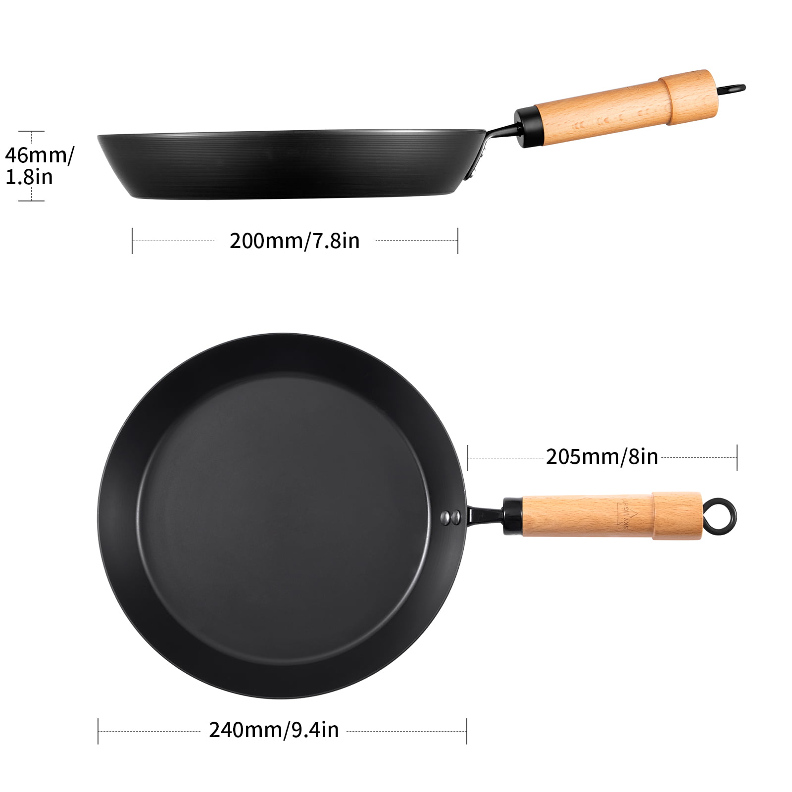 SKY LIGHT Carbon Steel Frying Pan, 9.5 inch Iron Skillet, No Chemical Omelette  Pan with Detachable Wooden Handle, Scratch Resistant Flat Bottom, No  Nonstick Coating, Induction Compatible 