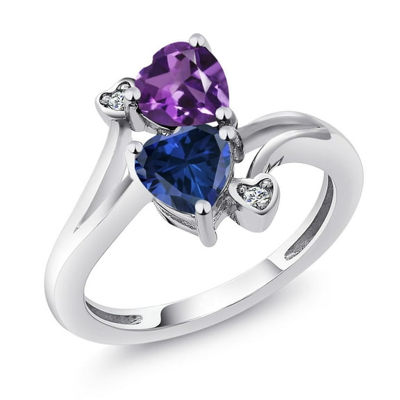 Gem Stone King 925 Sterling Silver Purple Amethyst Blue Created Sapphire and White Diamond Ring for Women (1.48 Cttw, Heart Shape 6MM, Gemstone February Birthstone, Size 8)