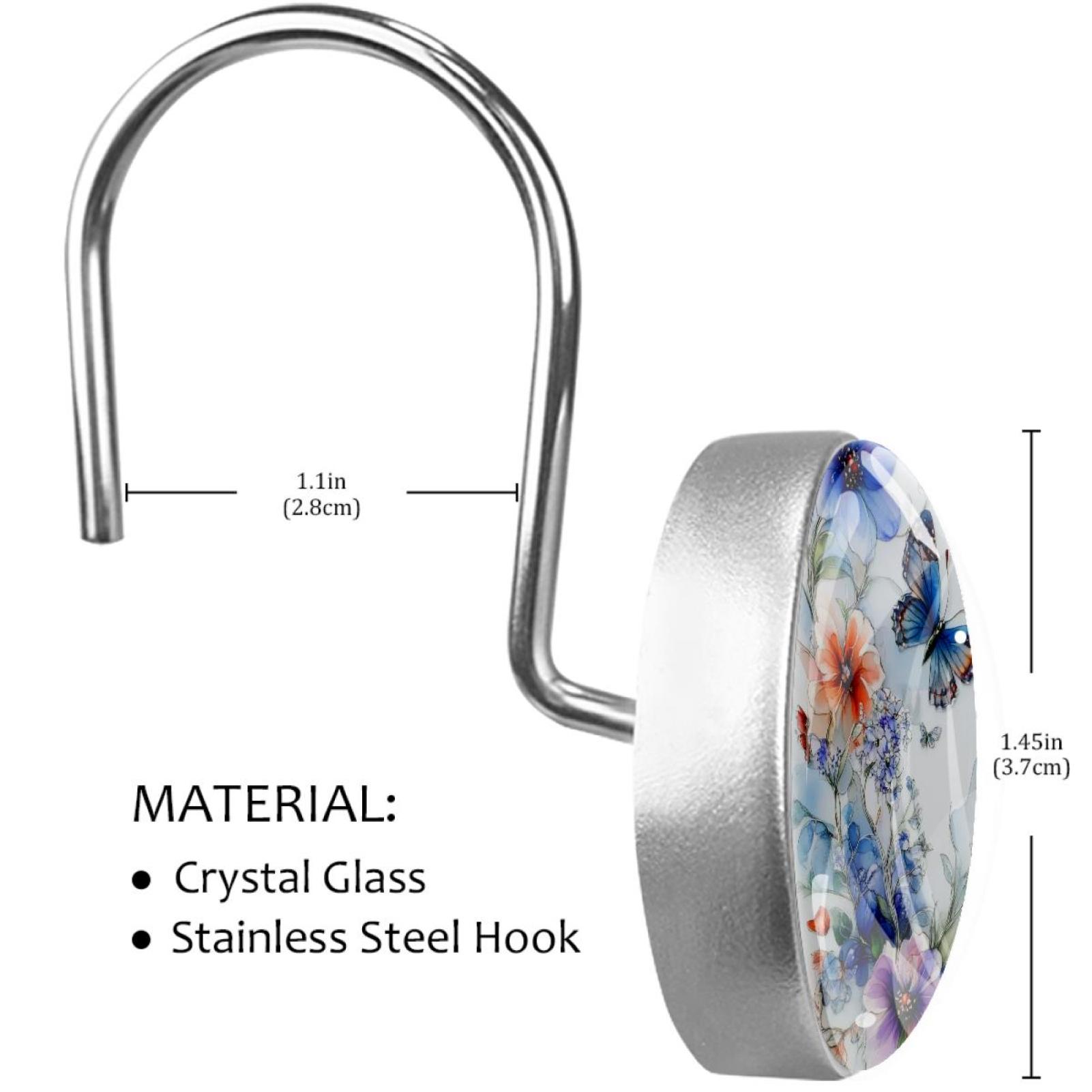 Watercolor Butterfly Wildflowers Shower Curtain Hooks Round Crystal Glass, Set of 12 Shower Curtain Rings - Shower Hooks for Curtain Shower Rings