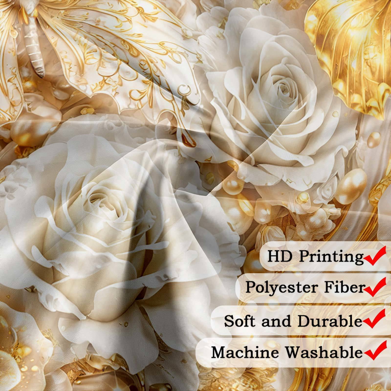 Luxury White and Gold Butterfly Floral Shower Curtain, Elegant Marble Rose Modern Texture Shower Curtains for Bathroom Decor, Elegant Golden Fluid Aesthetic Bath Curtain Set with Hooks,70X70IN