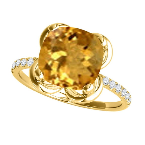 Mauli Jewels Engagement Rings for Women 2.25 Carat Cushion Shape Citrine Diamond Ring 4 prong 10K Yellow Gold