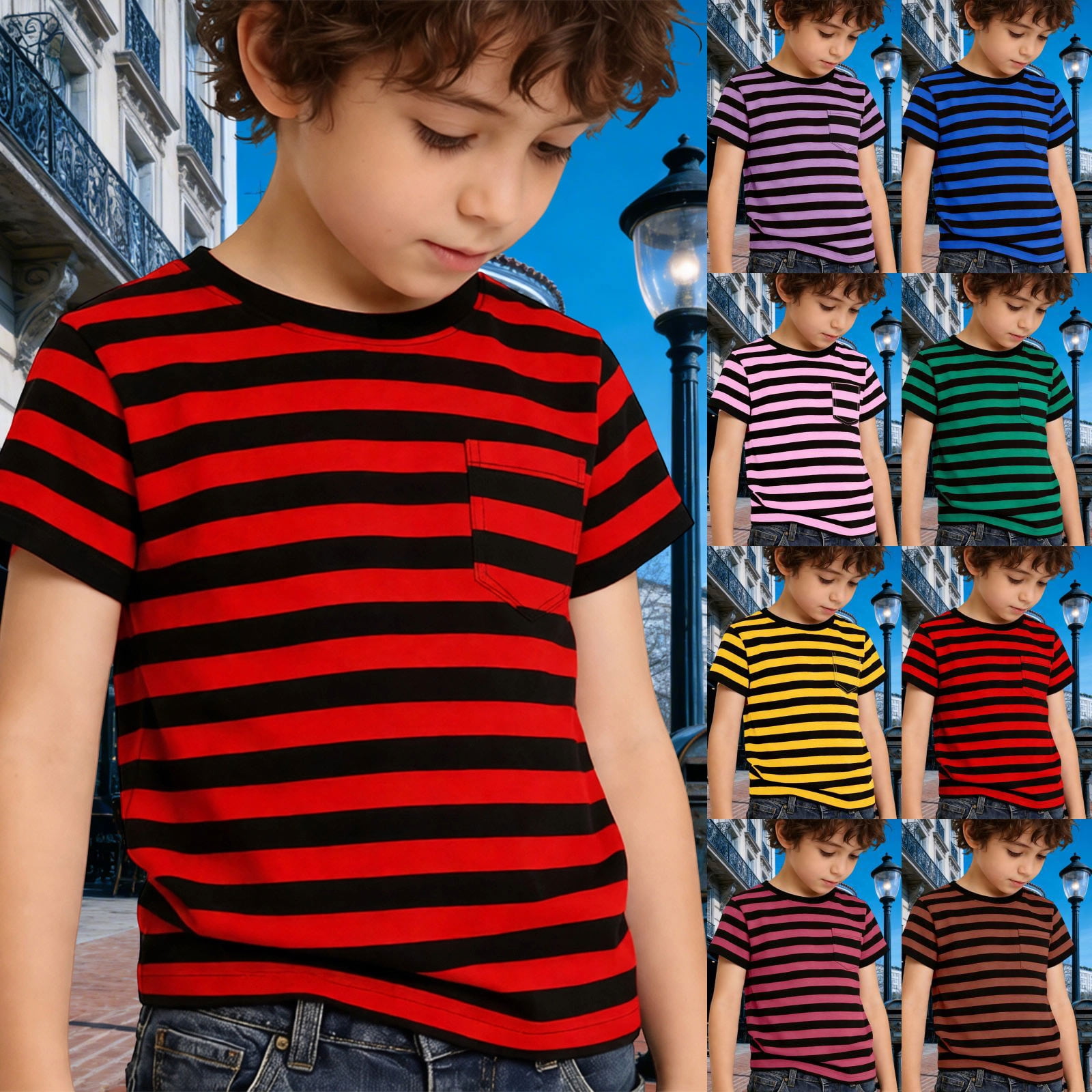 Boys Tshirts Short Sleeve Crew Neck Graphic Tees Striped with Pocket Summer Casual Layering Kids T Shirts Size 8-9Y