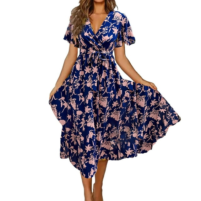 Kcodviy Robe Maxi pour Femmes d'Été à Manches Courtes, Robes Maxi pour Femmes pour l'Été, Imprimé Floral, Col en V, Vêtements d'Été Décontractés pour Femmes, Robe Maxi Ajustée avec Ceinture de Robe Ample