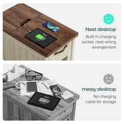 LINSY HOME End Tables for Living Room with Charging Station, Nightstand for Bedroom with Drawer and Detachable Holder,Washed Grey & Brown