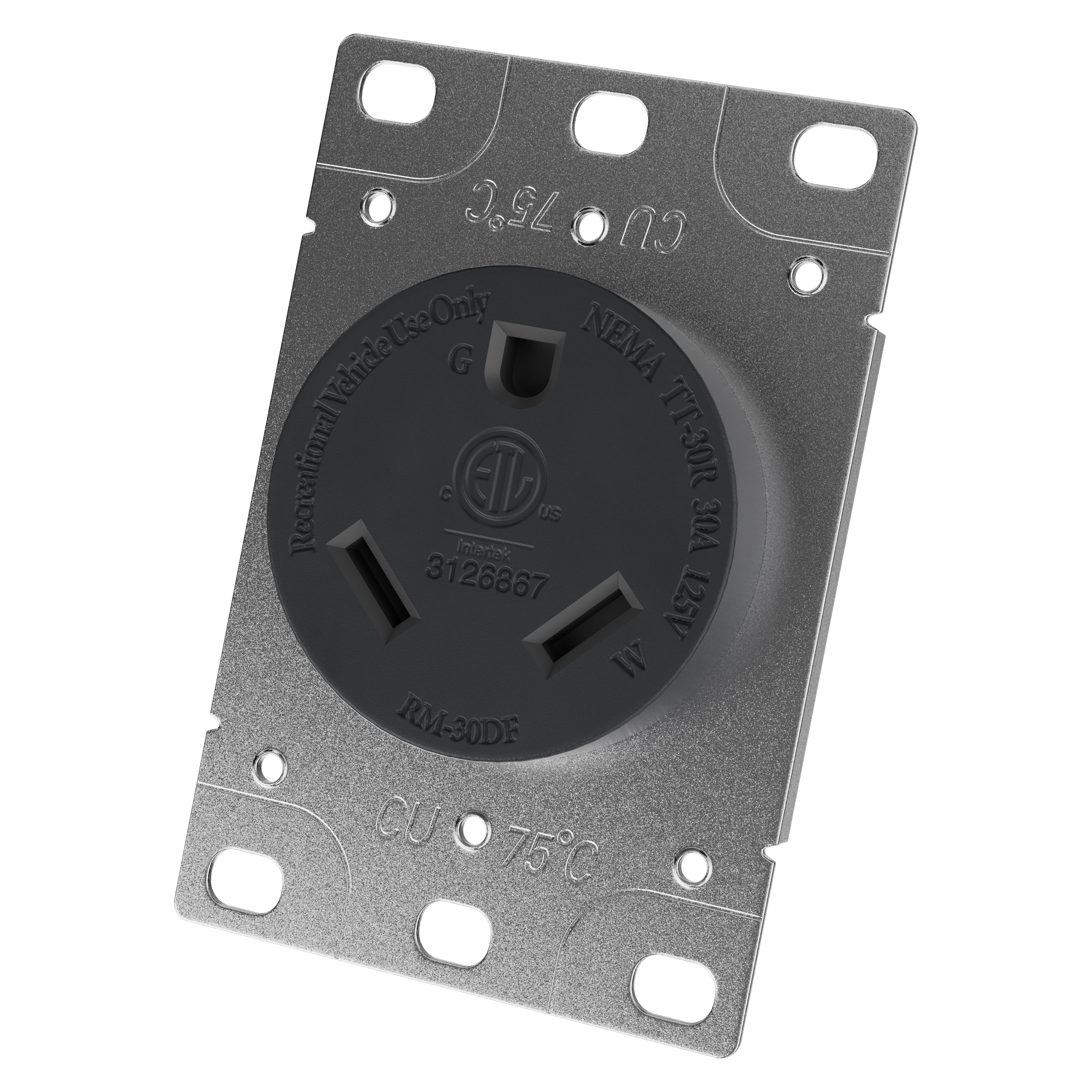 Leisure Cords RV 30 Amp, 125 Volt, NEMA Tt-30R, 2P, 3W Power Receptacle Flush Mounting Receptacle, Straight Blade, Industrial Grade, Grounding, Side Wired, Steel Strap, Black (30-Amp)
