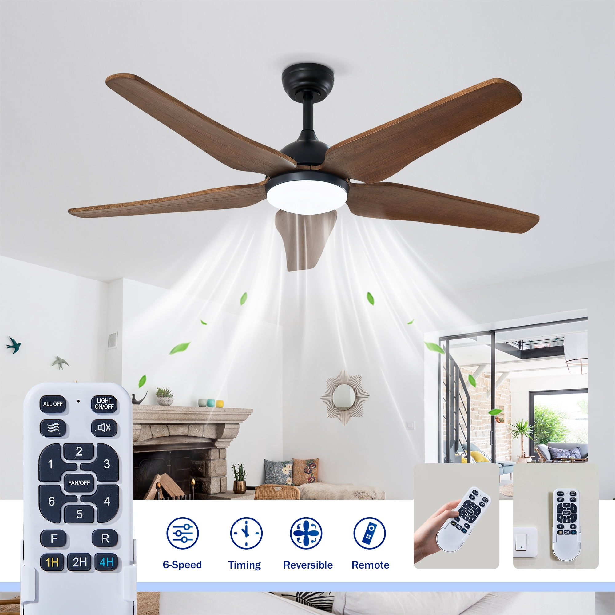 Leumius 52" Ceiling Fan with Light, Quiet DC Motor Ceiling Fans 6 Speed Levels,Reversible Ceiling Fan for Patio Living Room Bedroom Black