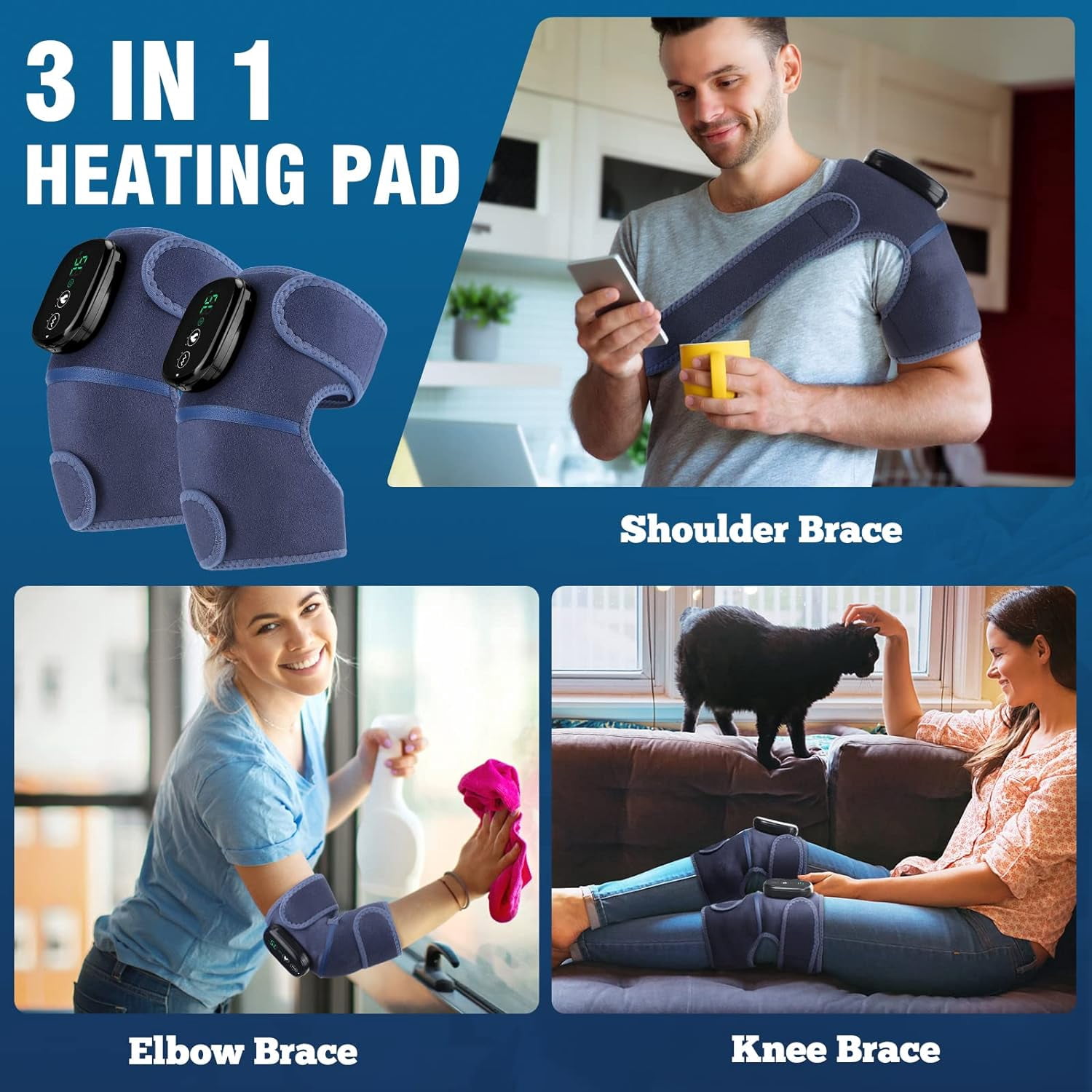 Cordless Knee Massager with Heat and Vibration, Heated Shoulder Brace Elbow Wrap, Heating Pads for Knee Shoulder Elbow Deep Issue, Knee Heating Pad for Muscle(2pcs)