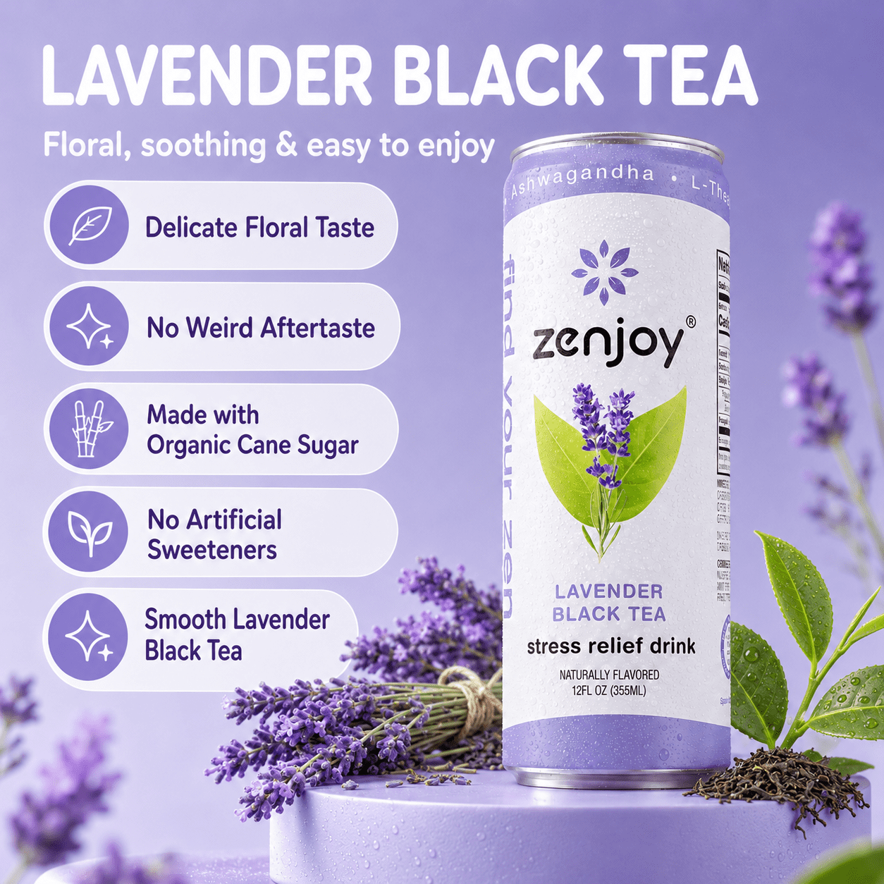 Zenjoy Stress Reief Drink, Calming Black Tea, Non Alcoholic, Ashwagandha & Lemon Balm for Stress Relief, L - Theanine for Focus (12 Pack) (Lavender)