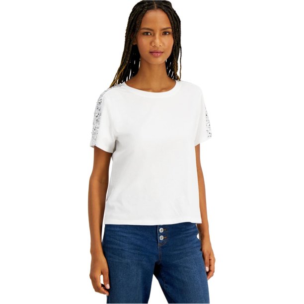 INC - Camiseta adornada con manga de lentejuelas para mujer, color blanco, pequeña
