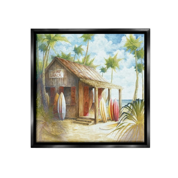 Stupell Industries Summer Surf Shack Landscape Painting Black Floater Framed Canvas Art Print Wall Art, 18 x 18