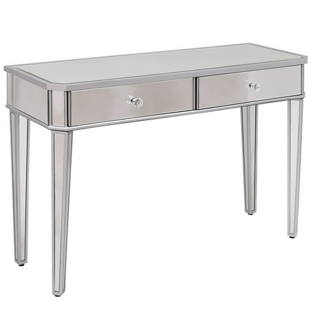 Glass Mirrored Vanity Costway 2 Drawer Mirrored Vanity Make-Up Desk Console Dressing Silver Glass Table Modern ()