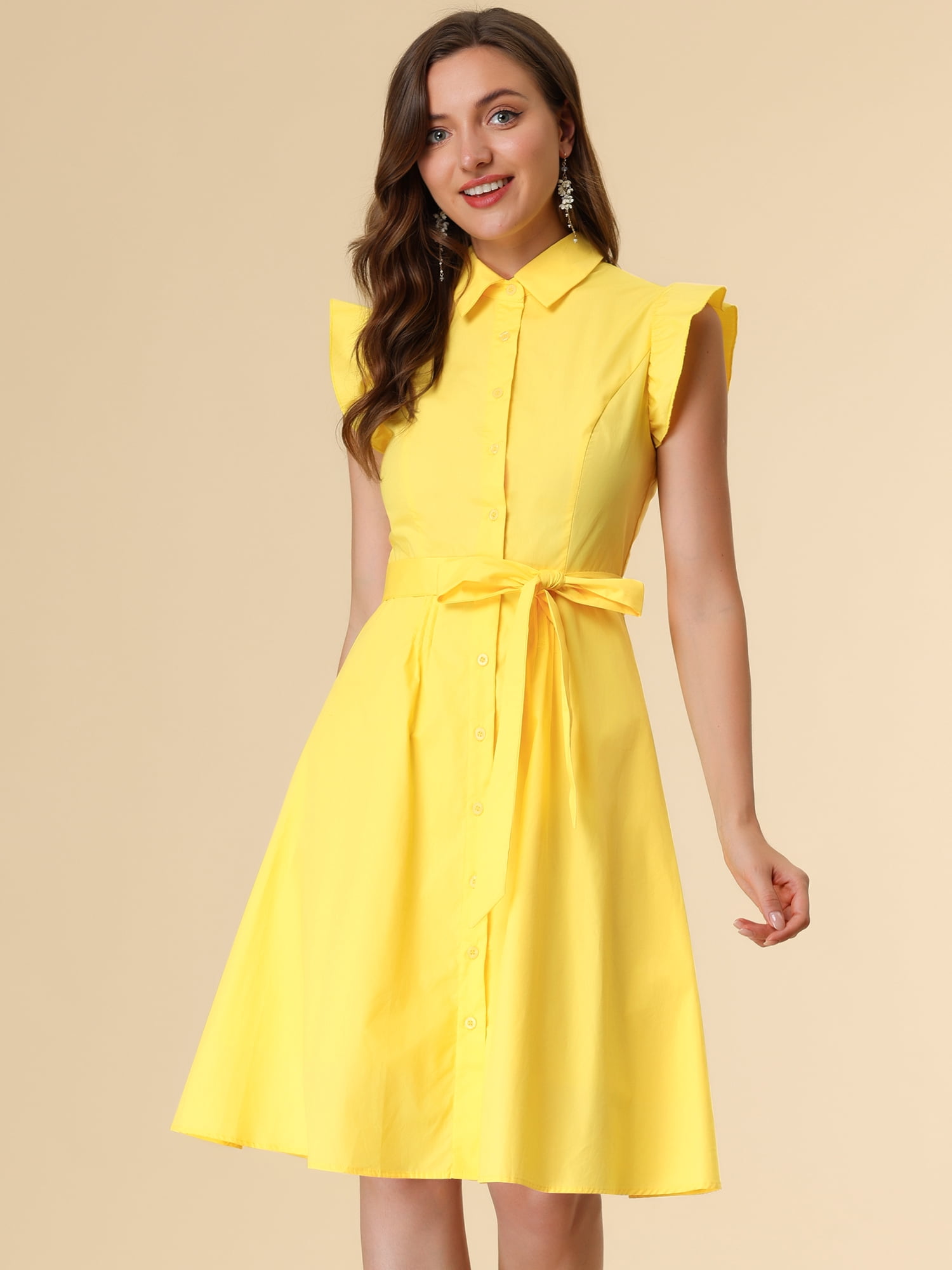 DARING DIVA Ruffled Sleeve Button Down Belted Knee Length Shirt Dress S Yellow