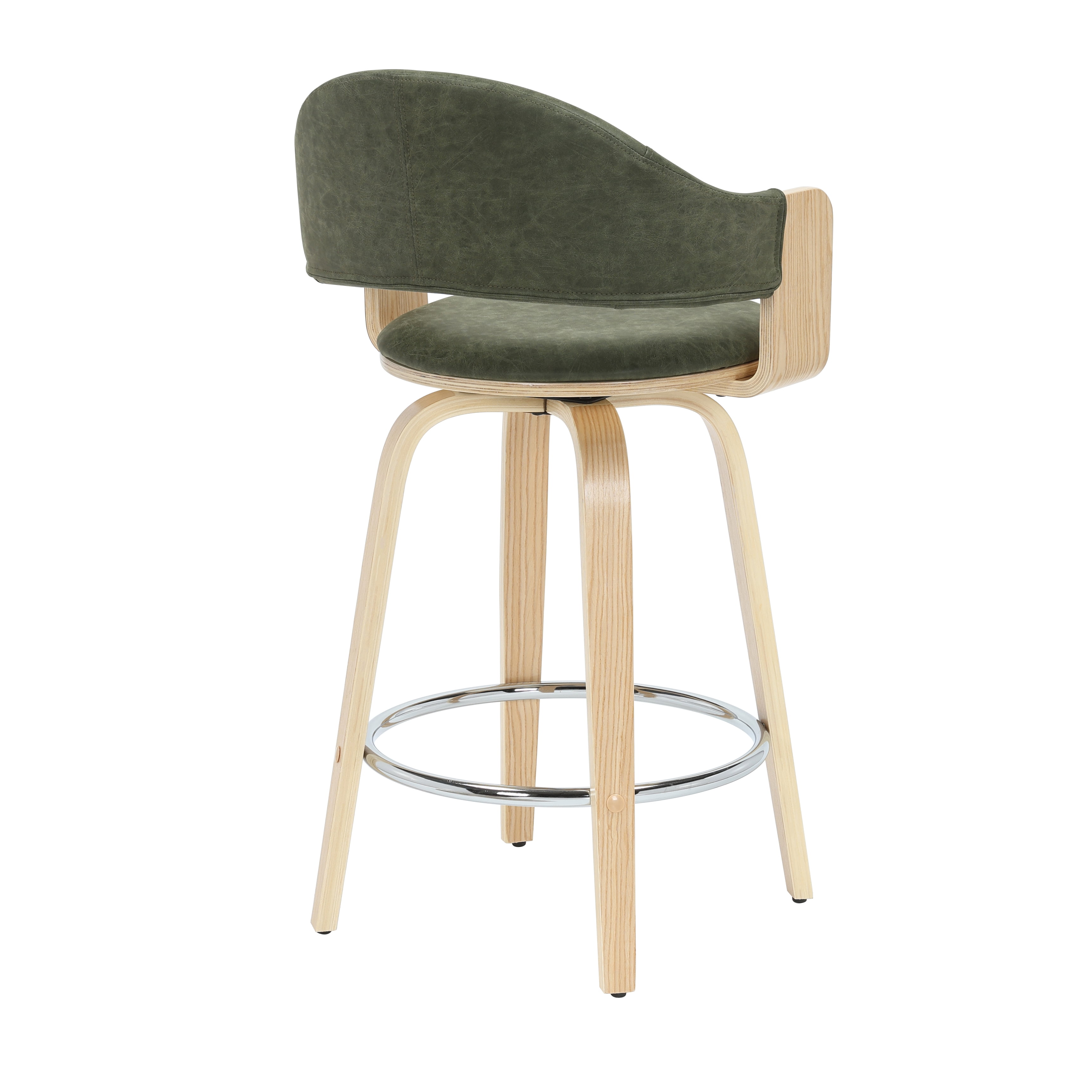 Daxton 36 in. H Swivel Counter Height Vintage Green Round Back Wood Bar Stool with Faux Leather Seat