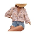 thumbnail image 4 of hirigin Women Casual Tops, Floral Printed 3/4 Sleeve V-Neck Hollow-Out Patchwork Loose Tops, 4 of 7