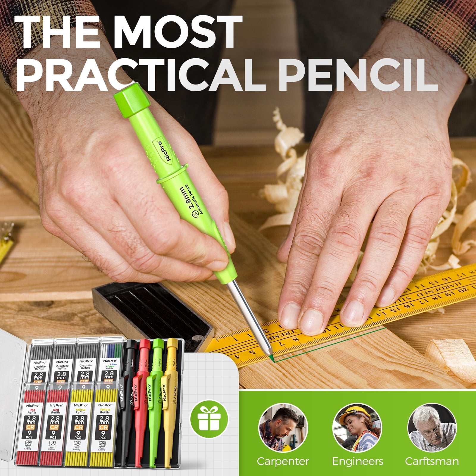 Nicpro 4 Pack Carpenter Pencil with Sharpener, Mechanical Pencils Set, Heavy Duty Construction Pencil, Carpenter Tools for Architect Marking