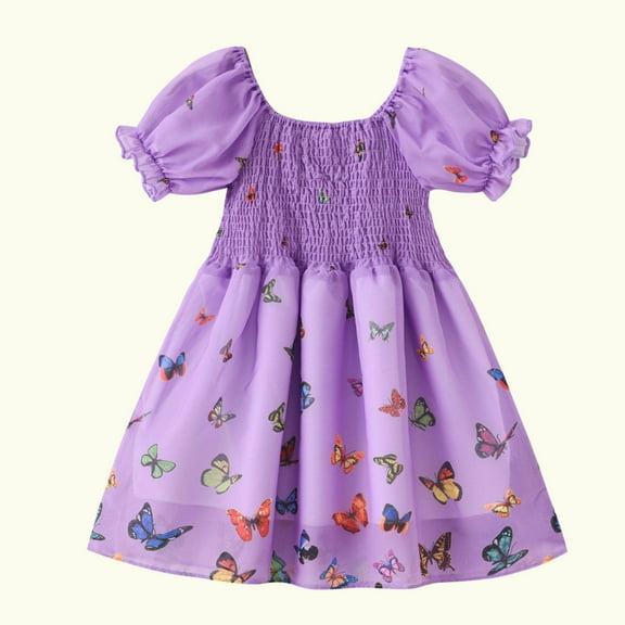 Holloyiver Toddler Baby Girl Butterfly PrintRuffle Short Sleeve Summer Sundress Kids School Playwear Swing Dress