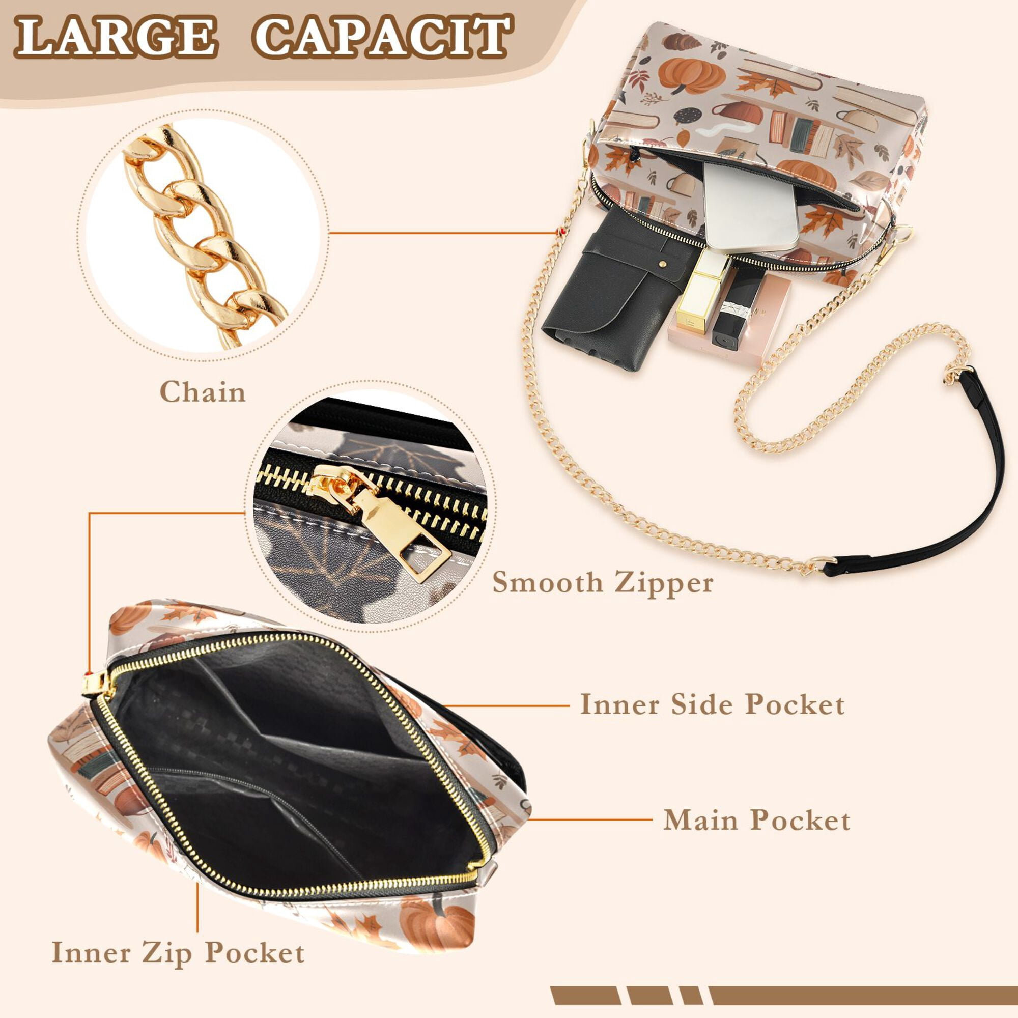 FORMRS Women Crossbody Purse with Chain Strap Vegan Leather Shoulder Handbag, Fall Acorns Pattern
