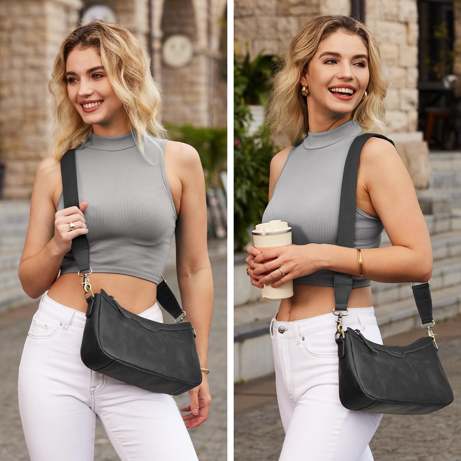 S-ZONE Leather Shoulder Bag for Women Small Crossbody Bags Hobo Purses with 2 Straps