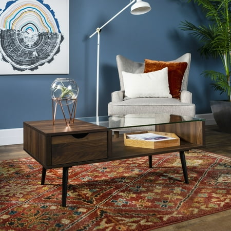 Manor Park Mid-Century Modern Glass and Wood Coffee Table, Dark Walnut
