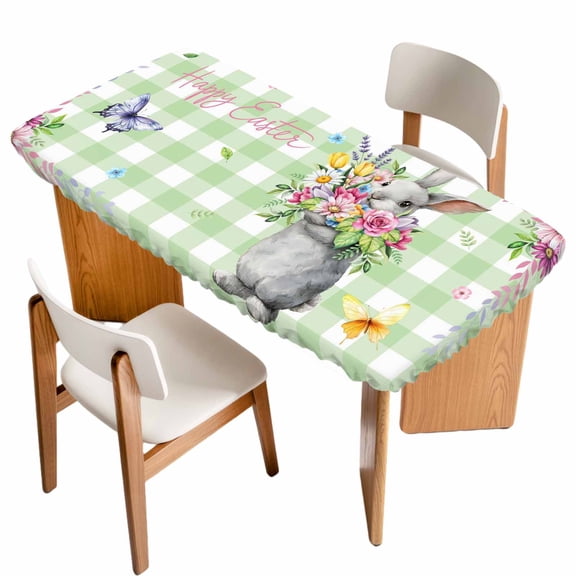 Happy Easter Table Cloths for 5 Foot Rectangle Tables, Cute Bunny Spring Flowers Butterfly Green Plaid Patio Waterproof Elastic Fitted Tablecloths, Washable Rectangular Table Cover for Camping