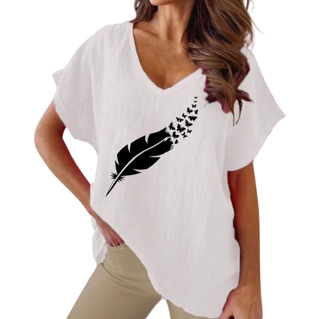 TSADFHJI Chandails en Molleton Femmes Hiver Imprimé T-Shirt Ample Décontracté Col Rond Manches Courtes T-Shirt Femmes TG Blanc