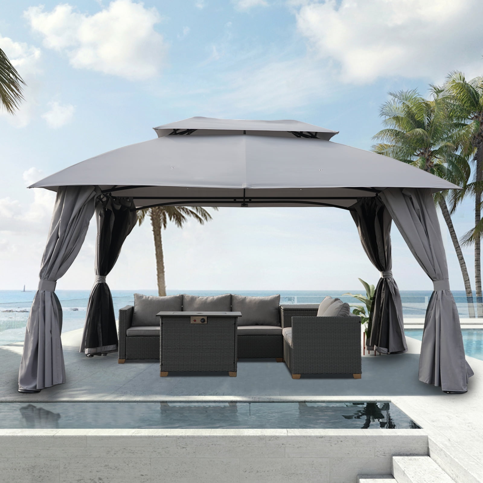 GRANDPATIO 10x13 Ft Gazebo Double Soft Top All-Weather Canopy Anti-UV Shelter with Privacy Curtains and Netting for Patio, Deck, Backyard, Garden, Lawns