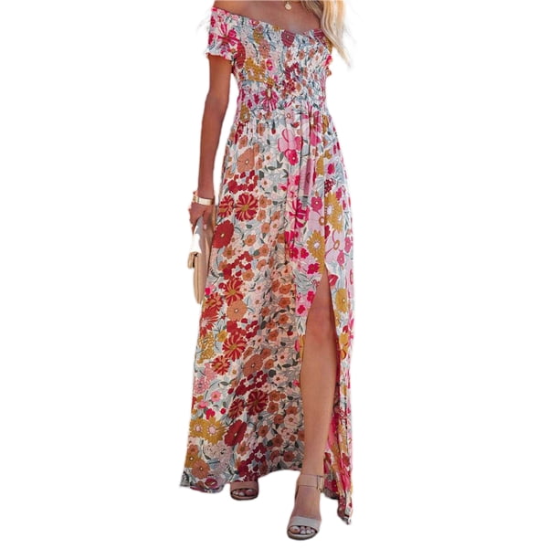 VISgogo Vestido cruzado con hombros descubiertos para mujer, vestido largo de playa bohemio de manga corta con estampado floral VISgogo moda