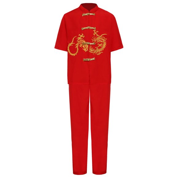 Kvysinly Kids Boys Chinese Kung Fu Martial Arts Suit Tai Chi Outfits Traditional Tang Suit Dragon Embroidered Red A 140