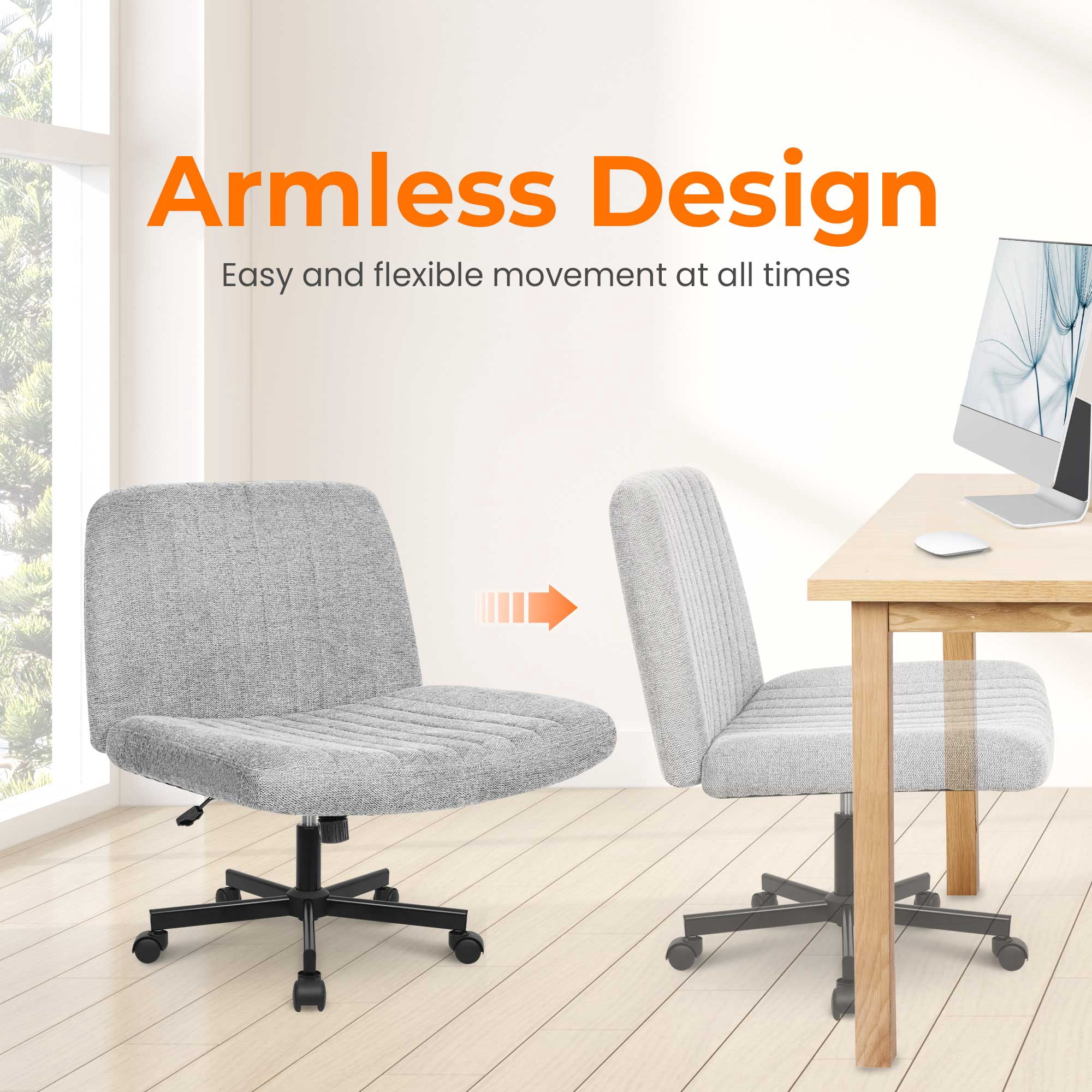 NEO CHAIR Criss Cross Legged Office Desk Vanity Armless Chair with Wheels Swivel, Gray