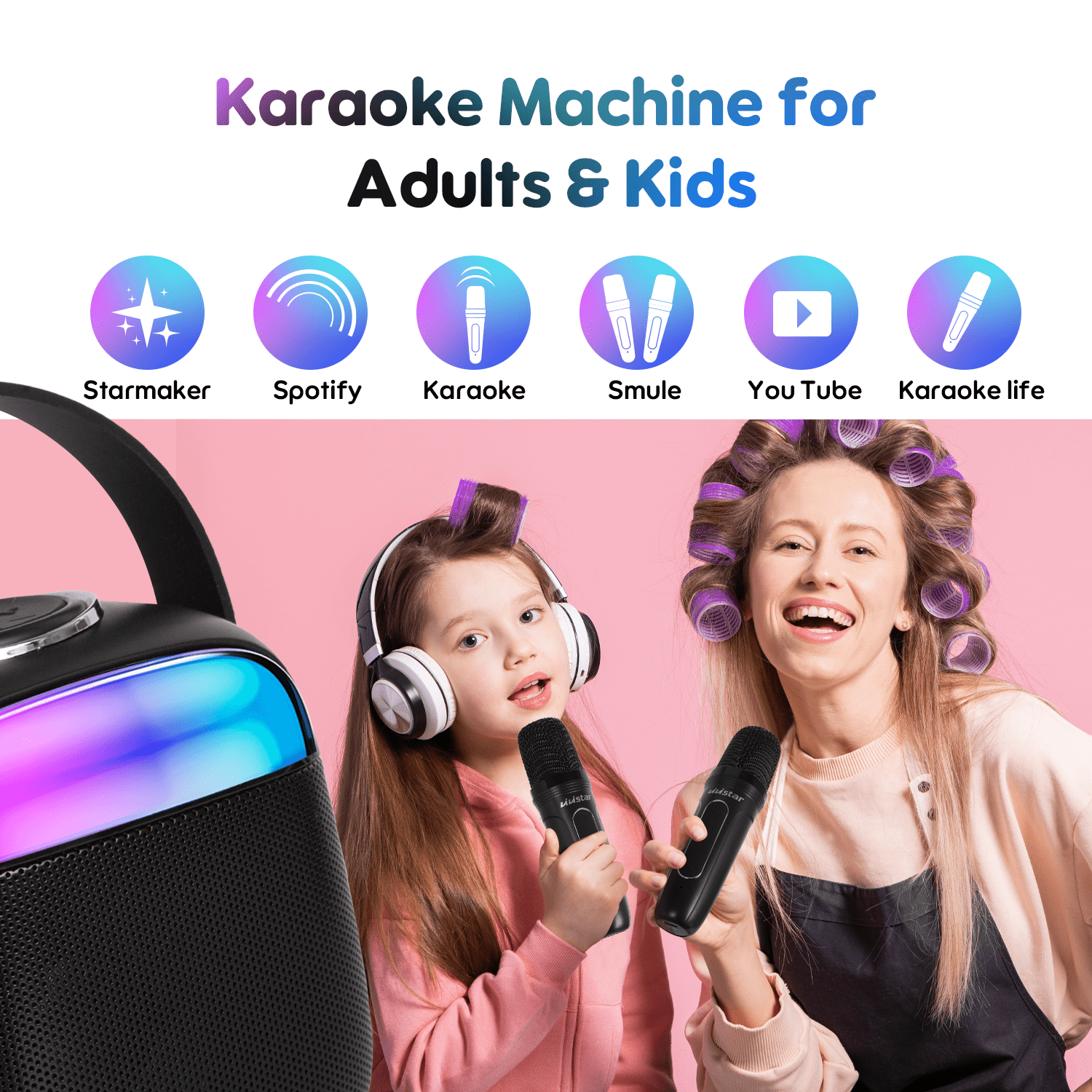VIVISTAR Karaoke Machine for Kids Portable Bluetooth Speaker with 2 Wireless Microphones Mini Karaoke Speaker with LED Lights Birthday Gifts for Adults Girls Boys Family Home Party Outdoor (Black)