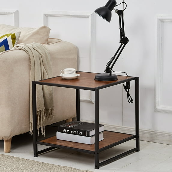 20 Inch Square Side End Coffee Table Rustic,Metal Frame,Teakwood MDF Tabletop 12mm Night Stand