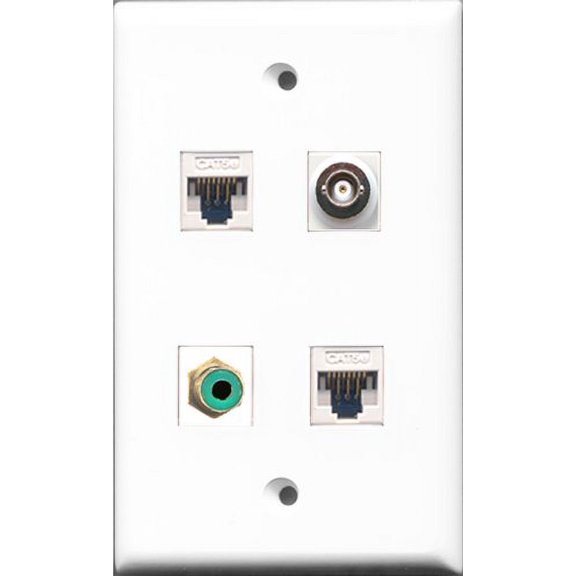 RiteAV - 1 Port RCA Green and 1 Port BNC 2 Port Cat5e Ethernet White Wall Plate