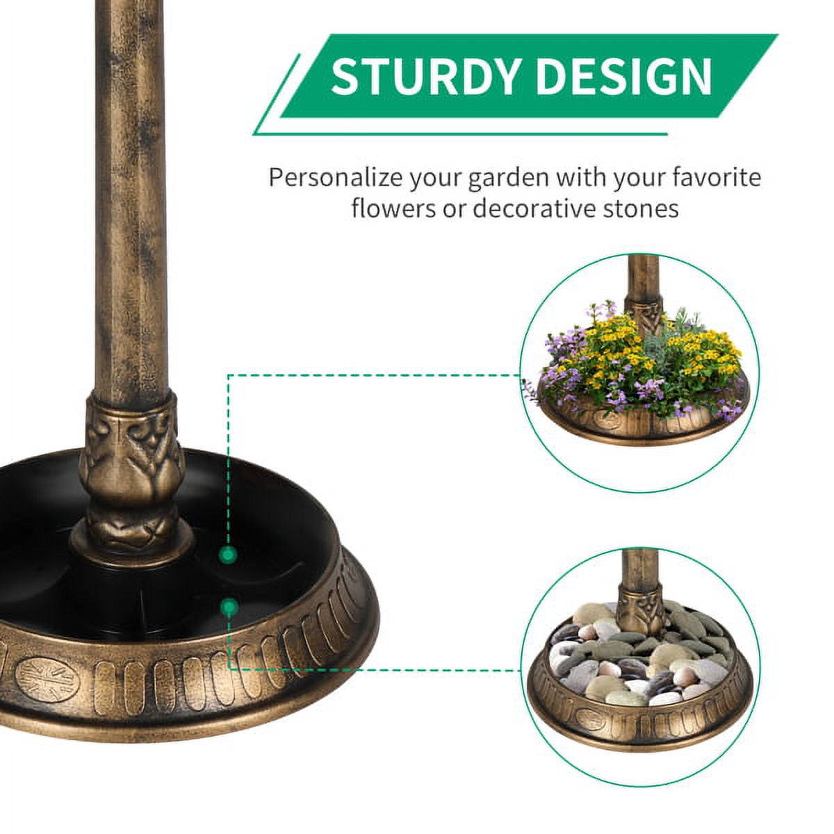 51cm Solar Light Bird Bath, Antique Bronze Resin Garden Decor with Fleur-de-Lis, Weatherproof Outdoor Birdfeeder & UV-Resistant Base